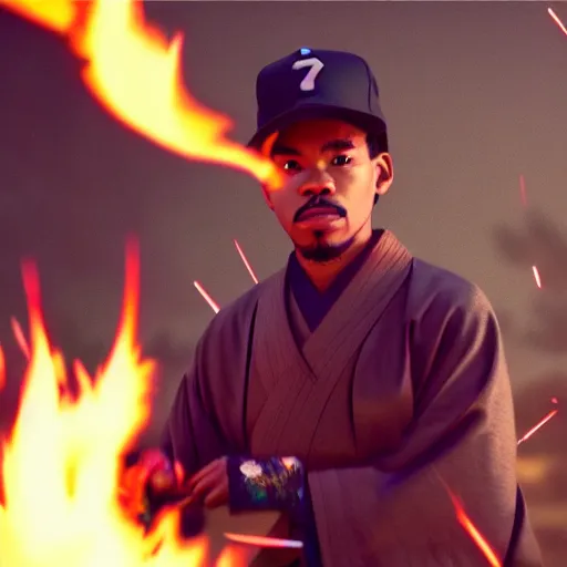 Image similar to cinematic film still of Chance The Rapper starring as a Samurai holding fire, Japanese CGI, VFX, 2022, 40mm lens, shallow depth of field, film photography