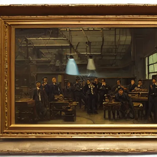 Image similar to oil painting of a nineteenth century engineers workshop, chaotic. in the center a big armoured suit akin to a submarine with a diving helmet