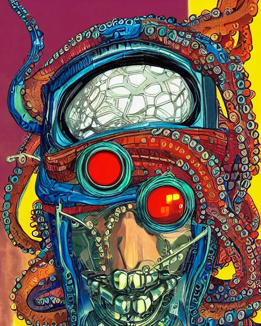 Prompt: a cyberpunk portrait of a octopus by jean - michel basquiat, by hayao miyazaki by artgerm, highly detailed, sacred geometry, mathematics, snake, geometry, cyberpunk, vibrant, water