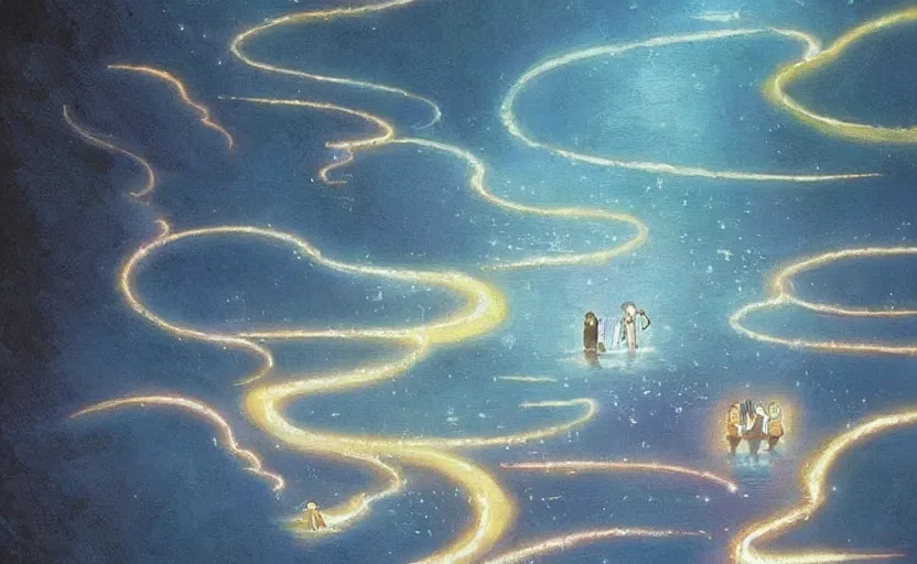 Image similar to A painting named A river of light that leads to God in colaboration with Studio Ghibli,