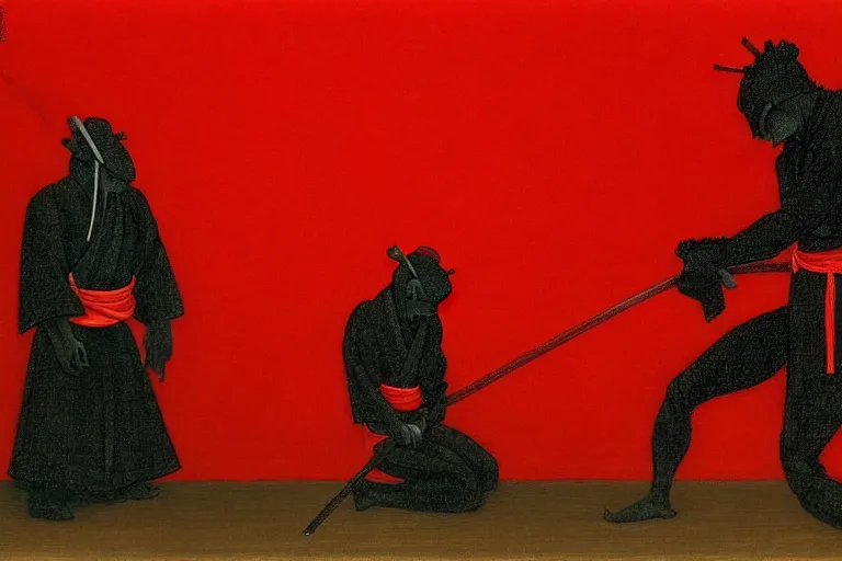 Image similar to only with red, a red samurai do seppuku, tokio, a lot of frogs watch, in the style of beksinski, parts by edward hopper, parts by rodcenko, parts by yue minjun, intricate and epic composition, red by caravaggio, insanely quality, highly detailed, masterpiece, red light, artstation, 4 k