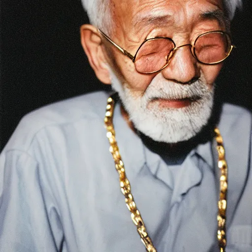 Prompt: close up, old man in tokyo at night, wearing gold chain, gold rings, cinestill 8 0 0,