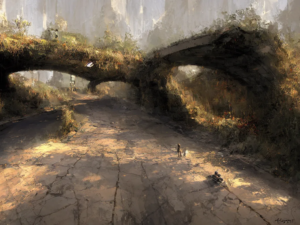 Prompt: highway leading into tunnel at the tip of the fingers of a gigantic hand overgrown, craig mullins