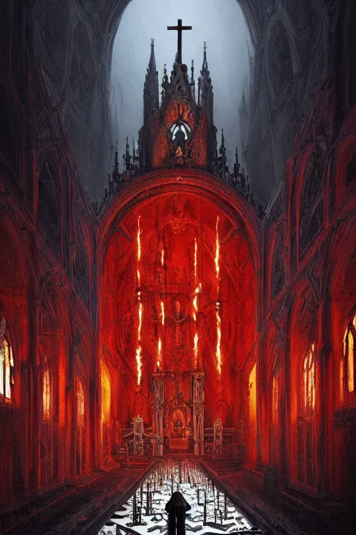 Prompt: a beautiful and terrifying painting with high details of a church made of white bones and skeletons, with white bones in the foreground, red energetic flame burningmovie atmosphere, movie lights, 8 k, light effect, rtx on, trending on artstation, by kilian eng, lee madgwick, bastien lecouffe - deharme