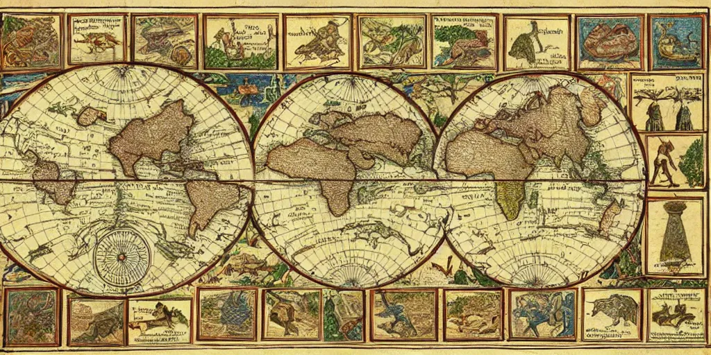 Image similar to insane ancient instructional maps, intricate details, full color,