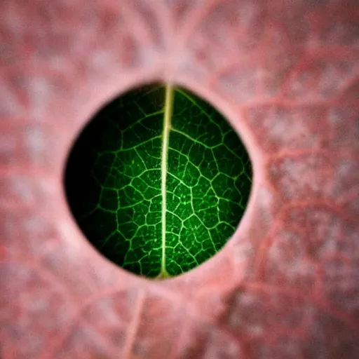 Image similar to beautiful photo of a close up of a green leaf, with a small hole in it. through the hall you can see a women's face, who is looking through.