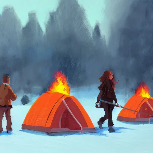 Image similar to a camp with tents on fire, burning down, shadows of 3 girls watching the camp burn, snow, dusk, painted by Sylvain Sarrailh, trending on Artstation