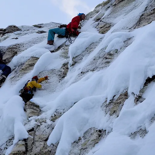 Image similar to two climbers trying to climb to the top of the world with an avalanche that sweeps them away , photo