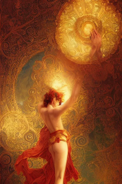 Image similar to tarot card artstation, portrait of a love dancer, sunrise, baroque ornamnet and rococo ornament, ancient chinese ornate, hyperdetailed, beautiful lighting, craig mullins, mucha, klimt, yoshitaka amano, red and gold and orange color palatte