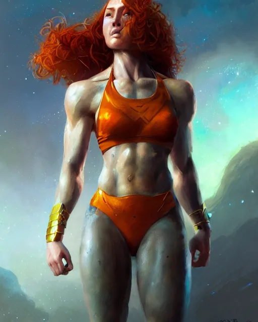 Prompt: female superhero, perfect face, halter top, ginger hair, abs, cinematic, freckles, stunning, cape, athletic, strong, agile, highly detailed, psychedelic, digital painting, artstation, smooth, hard focus, illustration, art by jessica rossier and and brian froud