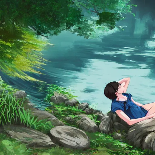 Prompt: a person with goat legs lounging next to a river with one finger in the water in the forest, digital painting, fantasy, studio ghibli environment, overhead canopy