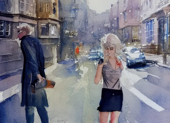 Image similar to concept art of allyway in england city, pinterest, artstation trending, behance, watercolor, by coby whitmore *, silver, laser light *,