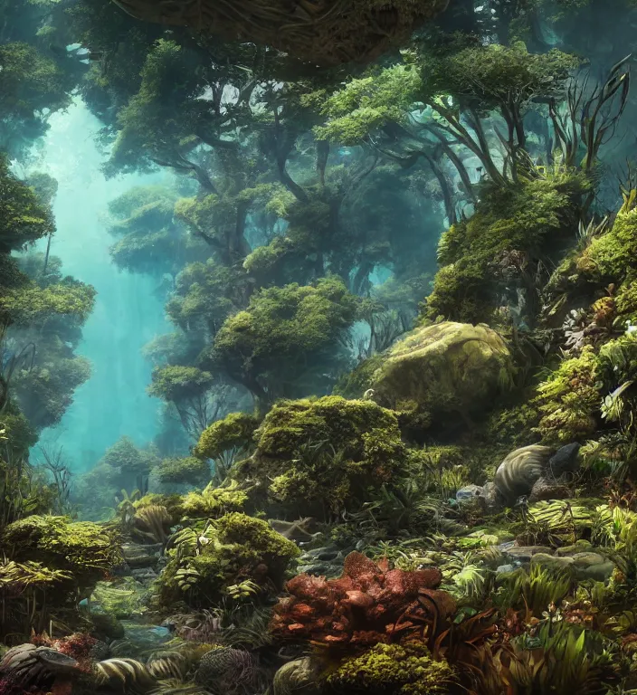 Image similar to a forest underwater, studio ghibli, au naturel, hyper detailed, digital art, trending in artstation, cinematic lighting, studio quality, smooth render, unreal engine 5 rendered, octane rendered