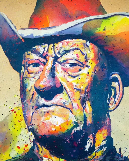 Image similar to abstracted john wayne painted in extremely thick, glazed impasto splatter paint, in muted color's, in impressionist styles