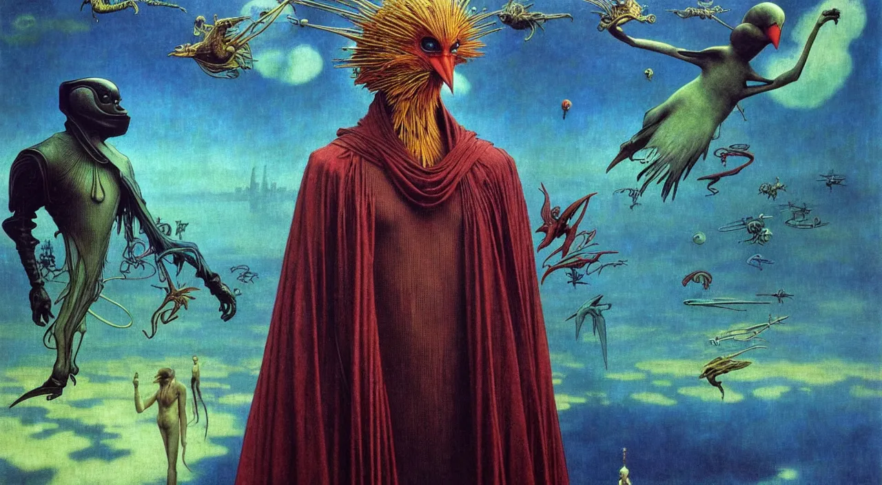 Image similar to realistic detailed portrait movie shot of a birdman wearing dark robes, sci fi city landscape background by denis villeneuve, amano, yves tanguy, alphonse mucha, ernst haeckel, max ernst, roger dean, masterpiece, rich moody colours, blue eyes, occult