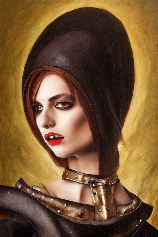 Image similar to hyperrealism oil painting, close - up portrait of european medieval brunette vampire fashion model, knight, steel gradient mixed with nebula sky, in style of baroque