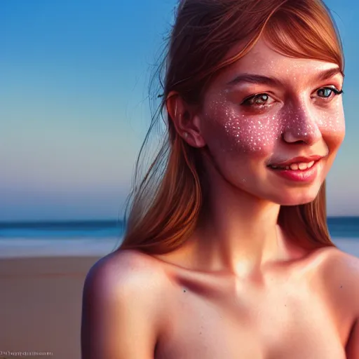 Image similar to beautiful serene intricate portrait of a cute thin young woman, red blush, cute freckles, smug smile, modern clothes, relaxing on the beach, golden hour, close up shot, soft focus, 8 k, art by irakli nadar, hyperrealism, hyperdetailed, ultra realistic