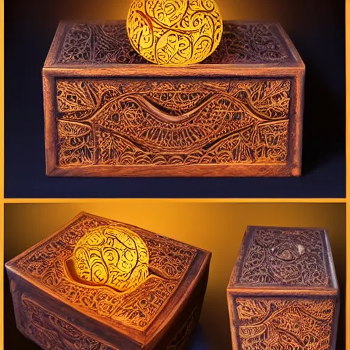 Prompt: a small arabesque carved wooden box with the lid is open displaying a magic orange glowing orb inside. tendrils of light emitting from the orb, the box is sitting an scarred wooden tabel top cluttered paper and magazines, hyper detail, dramatic lighting, vignette, god rays, lens flare, art by samma van klaarbergen