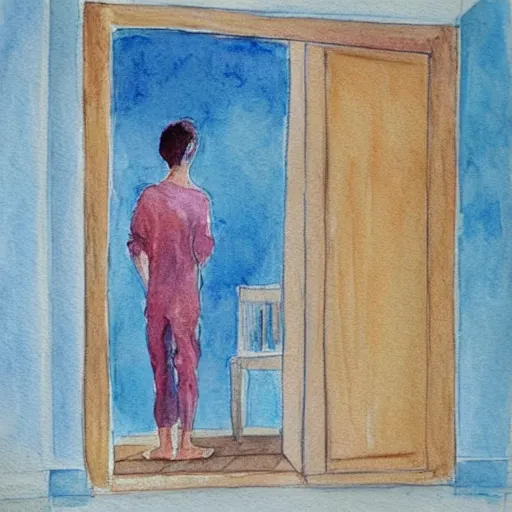 Image similar to person in pyjamas standing near window, sun rays, daylight, big french door window, 2 4 mm, wooden floor, modern, blue sky, photorealistic, high ceiling, watercolor painting