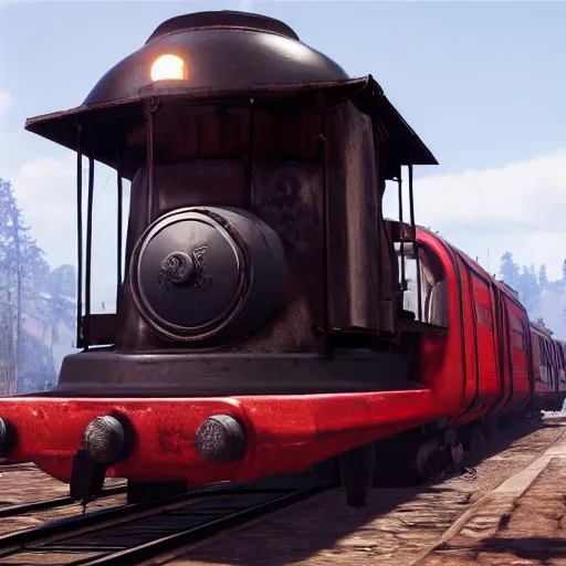 Image similar to futuristic sleek steam locomotive in red dead redemption 2