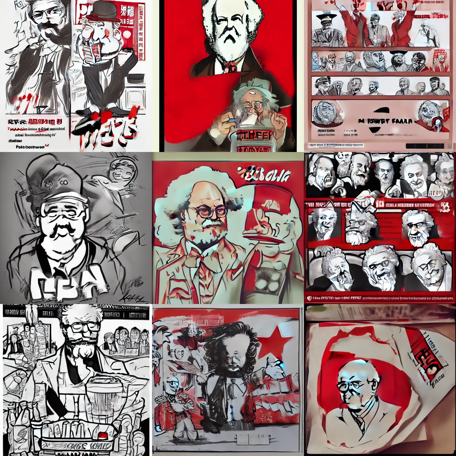 Prompt: kfc karl marx advertisement, drawn, anime style, featured on r/art