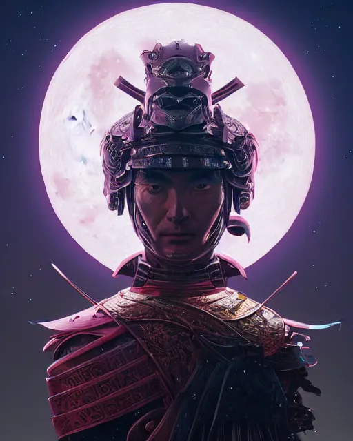 Image similar to highly detailed surreal vfx portrait of a metallic chromatic samurai in front of a full moon, stephen bliss, unreal engine, greg rutkowski, loish, rhads, beeple, makoto shinkai and lois van baarle, ilya kuvshinov, rossdraws, tom bagshaw, alphonse mucha, global illumination, detailed and intricate environment