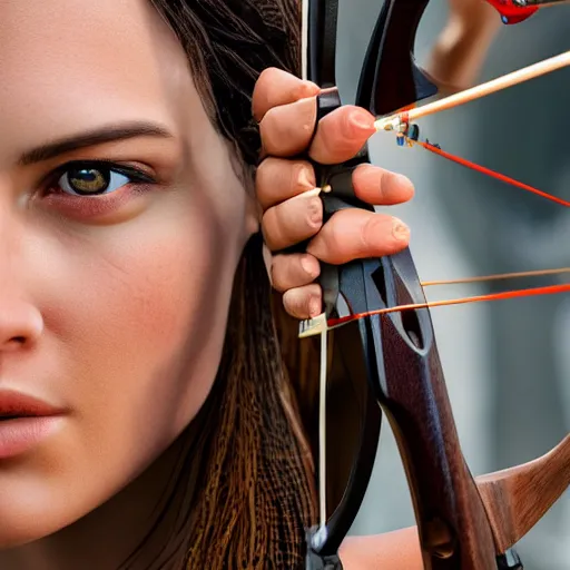 Image similar to photo realistic, consistent and highly detailed face, a attractive woman in archery, hunting - bow, uhd 8 k, highly detailed