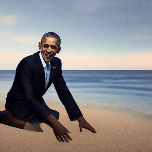 Prompt: Barak Obama on the beach, artistic, 8k, dramatic lighting, octane render, beeple