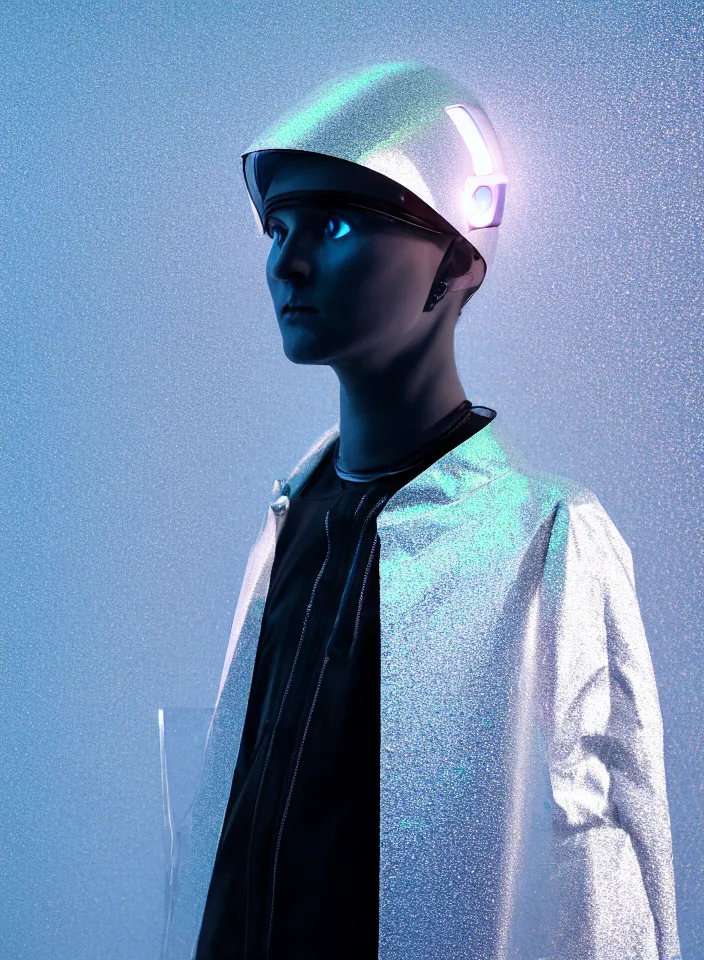 Image similar to an ultra high definition professional studio quality photograph of an artificially intelligent android influencer with silver skin wearing a transparent iridescent pastel coloured visor and matching wavey raincoat on white hook in a sheer icelandic black rock environment. three point light. dramatic lighting. volumetric shadows. light rays