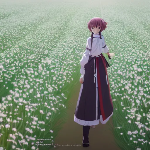 Image similar to portrait of the girl walking through the floss flower field, anime fantasy illustration by tomoyuki yamasaki, kyoto studio, madhouse, ufotable, square enix, cinematic lighting, trending on artstation