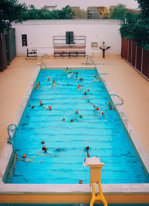 Image similar to photograph of a swimming pool in the style of wes anderson, 5 0 mm, pentax, film