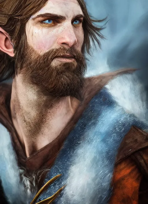 Image similar to A striking epic hyper real painting of an arrogant half elf ranger with shaggy brown hair, scruffy beard, scar on face, blue tunic, unreal 5, DAZ, hyperrealistic, octane render, cosplay, RPG portrait, dynamic lighting