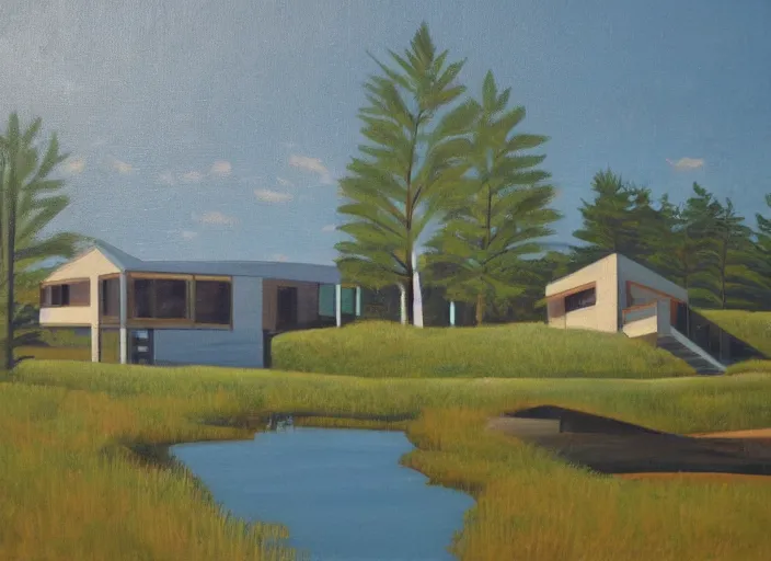 Prompt: a 1 9 7 0 s modern lake retreat in new england, oil on canvas by robert bechtle, 1 9 7 0 s