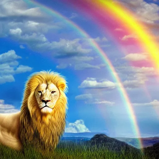 Image similar to coherent 8 k photorealistic close up shot of a albino lion overlooking a heavenly blissful landscape with a large luminous rainbow overarching the landscape behind the lion in the sun showery sky