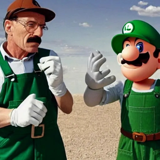 Prompt: luigi from mario games in green overalls and walter white making meth together, still from a tv series