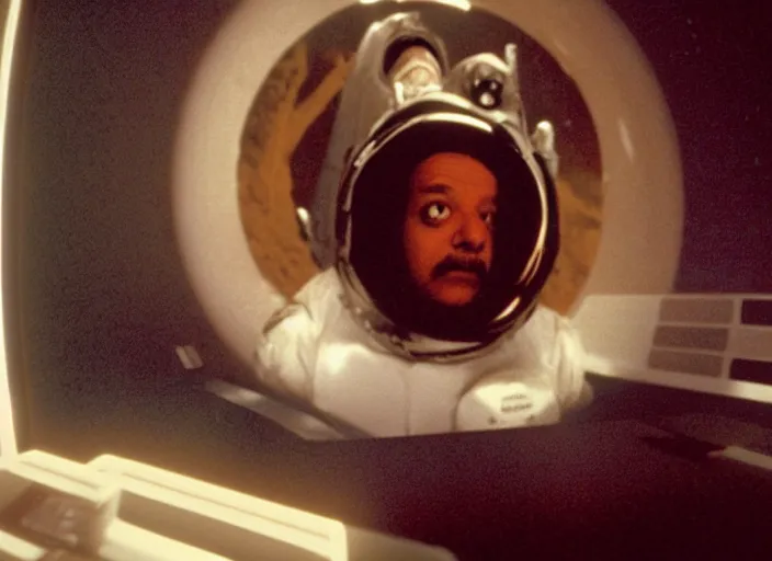 Image similar to film still of young old Cheech Marin as Dr. Dave Bowman in shuttle flying into black hole in 2001 A Space Odyssey