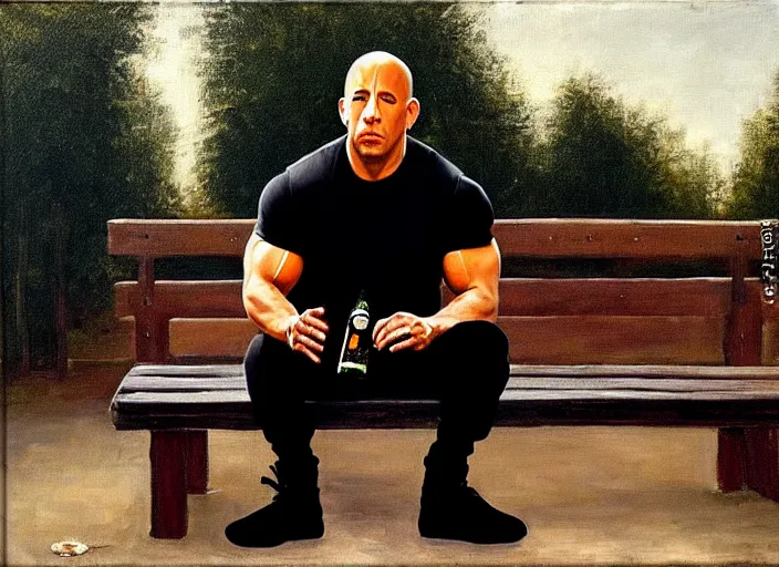 Image similar to vin diesel in black adidas sport costume, as gopnik character, sitting on a bench with a bottle of beer in the courtyard of a provincial russian town, oil on canvas, naturalism