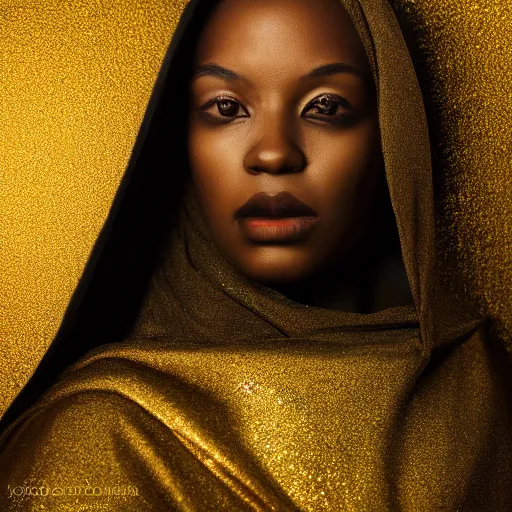 Prompt: a portrait of a young black woman wearing a long dark cloak, hood and shadows covering face, wearing shiny gold, oil painting, matte painting, black background, Volumetric Golden dappled dynamic lighting, Highly Detailed, Cinematic Lighting, Unreal Engine, 8k, HD, by Beksinski