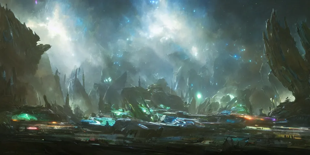 Prompt: an environmental concept art of guardians of the galaxy, environmental light, cinematic by francis tneh
