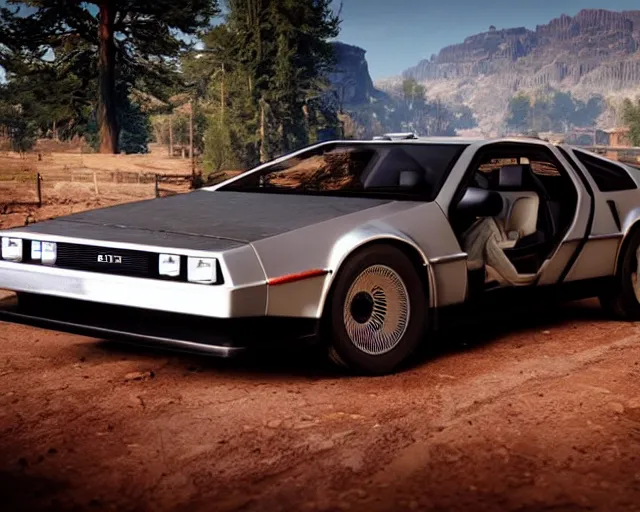 Image similar to new concept for a delorean, cinematic, photoreal, by red dead redemption 2