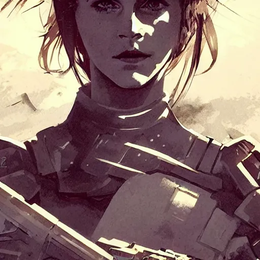 Image similar to fashion model emma watson wearing metal gear armour art by Hokusai by greg rutkowski by wlop high detail comic sharp vector lineart dramtic lighting artstation by trevor henderson by rossd raws cinematic
