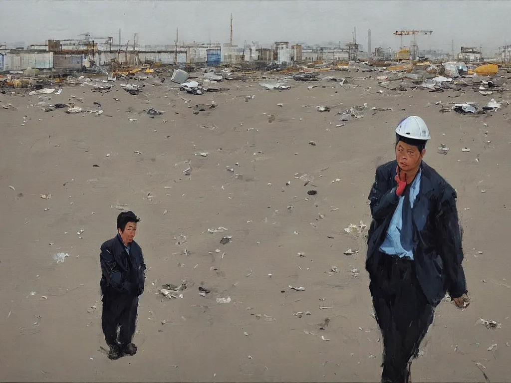 Prompt: ‘The Center of the World’ (Liu Xiaodong realist oil painting, large thick messy colorful brushstrokes, office worker in an empty field near a construction site) was filmed in Beijing in April 2013 depicting a white collar office worker. A man in his early thirties – the first single-child-generation in China. Representing a new image of an idealized urban successful booming China.