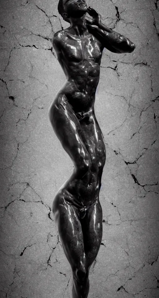 Image similar to hyper realistic of a stunning intricate cracked black marble falling african american angel body sculpture, highly detailed, white tone background, trending on artstation, hyperrealism, matte painting, subsurface scattering