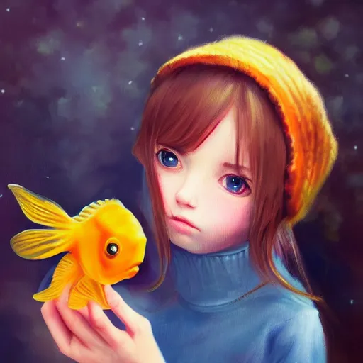 Prompt: Beautiful portrait of a young beautiful girl with goldfish eyes, in a romantic romantic setting on a painting by Miyazaki, artstation trending, painterly, 8k