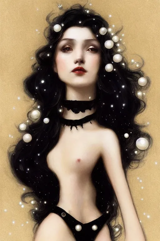 Image similar to Nocturne, glowing, stars, a long-legged elegant sultry woman, long black hair with white tips, pearl choker, highly detailed, mysterious, ethereal, dressed in black velvet, haute couture, illustration, dramatic lighting, soft details, painting, by Edmund Blair Leighton, Brom, Charlie Bowater, trending on artstation, faces by otto schmidt