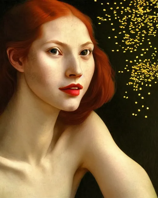 Image similar to a happy, modern looking young woman, seen from behind, among the lights of golden fireflies and nature, long loose red hair, intricate details, green eyes, small nose with freckles, oval smiling face, golden ratio, high contrast, hyper realistic digital art by artemisia lomi gentileschi and caravaggio and artgerm.