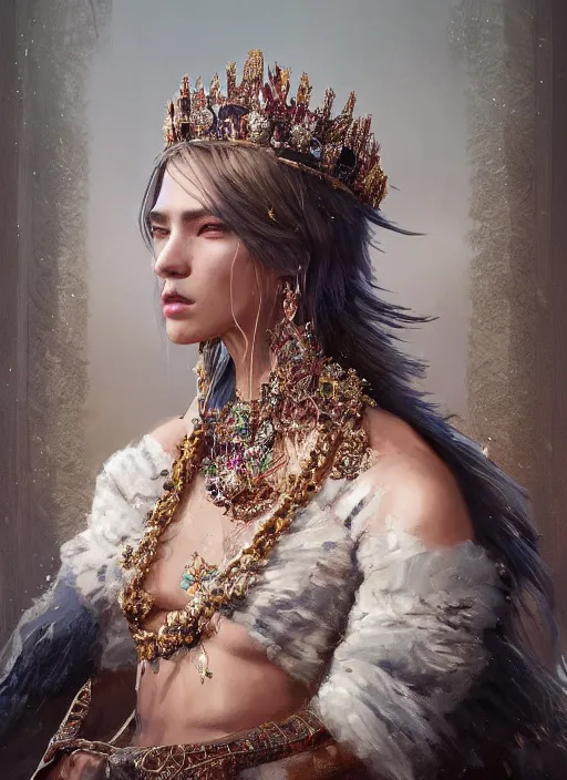 Image similar to A fancy portrait of a beautiful queen covered in jewelry by Greg Rutkowski, Sung Choi, Mitchell Mohrhauser, Maciej Kuciara, Johnson Ting, Maxim Verehin, Peter Konig, Bloodborne, 8k photorealistic, cinematic lighting, HD, high details, dramatic, atmospheric , trending on artstation