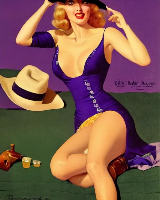 Image similar to Ril Mayer wearing purple green snakeskin cowhide motif and oversized cowboy hat promotes bottled bull run stimulant tonic SNAKE OIL, art by gil Elvgren and Ilya kuvshinov