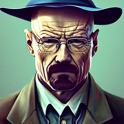 Image similar to portrait of walter white holding a colt model 1 9 1 1, 4 k, concept art, by wlop, ilya kuvshinov, artgerm, krenz cushart, greg rutkowski, pixiv. cinematic dramatic atmosphere, sharp focus, volumetric lighting, cinematic lighting, studio quality