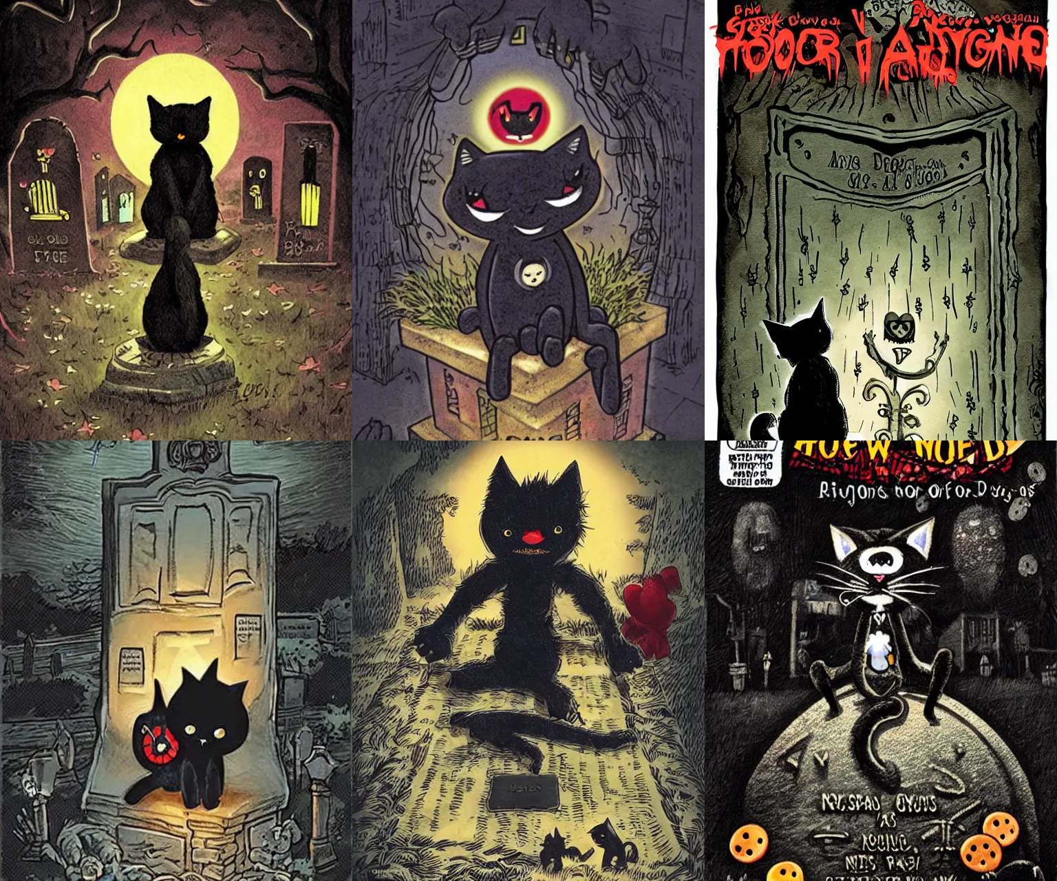 Prompt: black cat-style voodoo doll with button eyes sitting on a gravestone in New Orleans, horror comic art cover, night, cute but scary, volumetric lighting